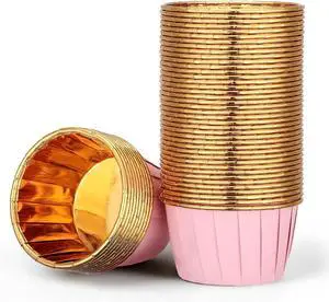 EUSOAR Cupcake Liners, 50pcs 3.5oz Aluminum Foil Wrappers Muffin Cupcake Containers, Disposable Dessert Ramekins Paper Baking Cups Mini Cheesecakes Holders for Birthday Wedding Party-Pink/Gold EUSOAR Cupcake Liners, 50pcs 3.5oz Aluminum Foil Wrappers Muffin Cupcake Containers, Disposable Dessert Ramekins Paper Baking Cups Mini Cheesecakes Holders for Birthday Wedding Party-Pink/Gold