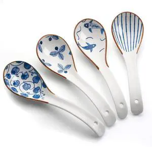 IQCWOOD Ceramic Asian Soup Spoons, 6.3" Japanese Spoon, Set of 4 | Deep Soup Bowl, Fine Glaze, Satisfying Weight & Balance, Easy to Hold, Chinese Ramen Spoon, Dishwasher Safe, Blue and White IQCWOOD Ceramic Asian Soup Spoons, 6.3" Japanese Spoon, Set of 4 | Deep Soup Bowl, Fine Glaze, Satisfying Weight & Balance, Easy to Hold, Chinese Ramen Spoon, Dishwasher Safe, Blue and White