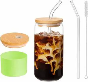 Glass Cup with Lid and Straw, 16 oz Mason Jar Style Glass Tumbler with Bamboo Lid, Removable Grass Green Silicone Sleeve, Reusable Iced Matcha Cup for Cold Brew and Iced Coffee Glass Cup with Lid and Straw, 16 oz Mason Jar Style Glass Tumbler with Bamboo Lid, Removable Grass Green Silicone Sleeve, Reusable Iced Matcha Cup for Cold Brew and Iced Coffee