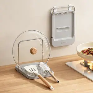 Pot Lid Holder with Wavy Spoon Rest for Kitchen Counter | Foldable Pan Lid Organizer with 4 Nonslip Suction Pads, Crock Pot Lid and Spatula Holder, Grey Pot Lid Holder with Wavy Spoon Rest for Kitchen Counter | Foldable Pan Lid Organizer with 4 Nonslip Suction Pads, Crock Pot Lid and Spatula Holder, Grey