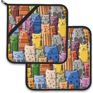 Funny Cats Family Pot Holder Set of 2,Heat Resistant Potholders Oven Hot Pads for Kitchen Cooking Baking BBQ Funny Cats Family Pot Holder Set of 2,Heat Resistant Potholders Oven Hot Pads for Kitchen Cooking Baking BBQ