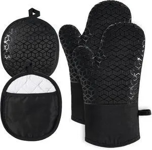 Oven Mitts and Pot Holders, 500°F Heat Resistant, Black | Oven Mitts Sets, Silicone Oven Gloves Featuring NonSlip Textured Grip, Perfect For Cooking, Baking and Grilling Oven Mitts and Pot Holders, 500°F Heat Resistant, Black | Oven Mitts Sets, Silicone Oven Gloves Featuring NonSlip Textured Grip, Perfect For Cooking, Baking and Grilling