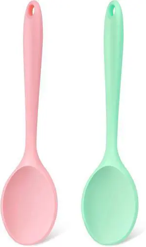 Silicone Mixing Spoons 2-Pack, 10.8" Large High Heat Resistant Nonstick Cooking spoon for Stirring, Mixing and Serving, Green & Pink Rubber Spoon. Silicone Mixing Spoons 2-Pack, 10.8" Large High Heat Resistant Nonstick Cooking spoon for Stirring, Mixing and Serving, Green & Pink Rubber Spoon.
