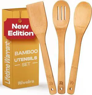 Riveira Bamboo Wooden Spoons for Cooking 3-Piece, Apartment Essentials Wood Spatula Spoon Nonstick Kitchen Utensil Set Premium Quality Housewarming Gifts for Everyday Use Riveira Bamboo Wooden Spoons for Cooking 3-Piece, Apartment Essentials Wood Spatula Spoon Nonstick Kitchen Utensil Set Premium Quality Housewarming Gifts for Everyday Use