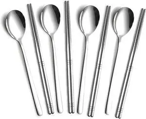 Spoon and Chopsticks Set, 4 Pair Metal Chopsticks Spoon Set, 4 Set Reusable Korean Spoons Set for Home, Kitchen or Restaurant Spoon and Chopsticks Set, 4 Pair Metal Chopsticks Spoon Set, 4 Set Reusable Korean Spoons Set for Home, Kitchen or Restaurant