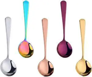 5 Color Soup Spoon set, Round Stainless Steel Bouillon Spoons 6-inch Metal Soup Spoon Flatware Set 5 Color Soup Spoon set, Round Stainless Steel Bouillon Spoons 6-inch Metal Soup Spoon Flatware Set