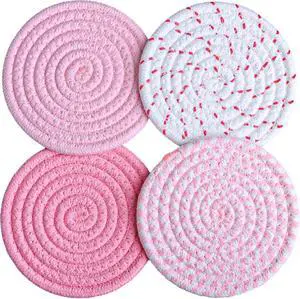 4.8 Inch Drink Coasters Set of 4, Large Fabric Cotton Coasters, Cute Girly Absorbent Handmade Woven Coaster, Minimalist Boho Table and Desk Decor, Posavasos for Cups, Gift for Women (Colorful Pink) 4.8 Inch Drink Coasters Set of 4, Large Fabric Cotton Coasters, Cute Girly Absorbent Handmade Woven Coaster, Minimalist Boho Table and Desk Decor, Posavasos for Cups, Gift for Women (Colorful Pink)