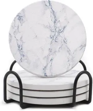 LIFVER Absorbent Coaster Sets of 4, Drink Coasters with Holder, White Marble Style Ceramic Drink Coaster for Tabletop Protection, Suitable for Kinds of Cups and Wooden Table, Cool Home Decor, 4 Inches LIFVER Absorbent Coaster Sets of 4, Drink Coasters with Holder, White Marble Style Ceramic Drink Coaster for Tabletop Protection, Suitable for Kinds of Cups and Wooden Table, Cool Home Decor, 4 Inches
