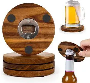 2-in-1 Wood Coasters with Bottle Opener, Set of 4 | 4 in Diameter Unique Acacia Wood Drink Coasters with Stainless Steel Openers and Non-Slip Feet, Beer Coasters, Gifts for Men 2-in-1 Wood Coasters with Bottle Opener, Set of 4 | 4 in Diameter Unique Acacia Wood Drink Coasters with Stainless Steel Openers and Non-Slip Feet, Beer Coasters, Gifts for Men
