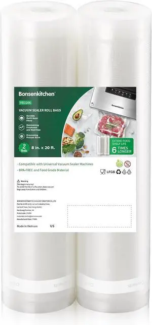 Bonsenkitchen Vacuum Food Sealer Rolls Bags for Food, 2 Packs 8 in x 20 ft | BPA-free, Heavy-duty Small Vacuum Seal Bags, Durable Commercial Customized size for Storage and Sous Vide Cooking, VB3206 Bonsenkitchen Vacuum Food Sealer Rolls Bags for Food, 2 Packs 8 in x 20 ft | BPA-free, Heavy-duty Small Vacuum Seal Bags, Durable Commercial Customized size for Storage and Sous Vide Cooking, VB3206