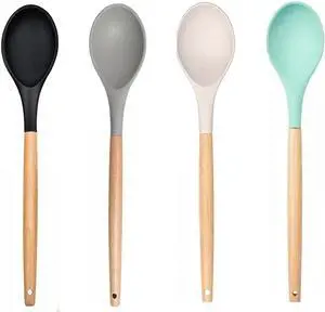 LorisArm Wooden Handle Silicone Spoon, 12" Rubber Spoon 4-Pack Nonstick Stirring Spoons for Baking Cooking and Mixing, Kitchen Serving Spoons (Grey, Green, White, Black). LorisArm Wooden Handle Silicone Spoon, 12" Rubber Spoon 4-Pack Nonstick Stirring Spoons for Baking Cooking and Mixing, Kitchen Serving Spoons (Grey, Green, White, Black).