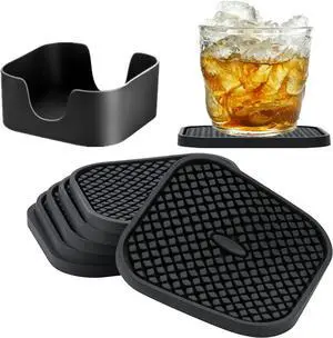 IYYI Silicone Coasters Set of 6, Drink Coasters with Holder, Non-Slip Cup Mat, Deep Tray Absorbent Coaster, Heat Resistant Countertop Protection (Black-Square) IYYI Silicone Coasters Set of 6, Drink Coasters with Holder, Non-Slip Cup Mat, Deep Tray Absorbent Coaster, Heat Resistant Countertop Protection (Black-Square)