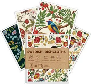 Swedish Dishcloths for Kitchen, 4 Pack, Super Absorbent, Birds Flowers | Reusable Paper Towels, Odor-Free & Dishwasher SafeNon-Scratch Dish Rags for Glass/Windows/Car, Biodegradable, Hostess Gifts Swedish Dishcloths for Kitchen, 4 Pack, Super Absorbent, Birds Flowers | Reusable Paper Towels, Odor-Free & Dishwasher SafeNon-Scratch Dish Rags for Glass/Windows/Car, Biodegradable, Hostess Gifts