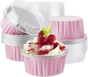 EUSOAR Baking Cups with Lids, Pink 25Pcs 5oz Disposable Aluminum Foil Mini Muffin Liners, Dessert Cheesecake Pan Creme Brulee Cupcake Ramekins Containers Oven Safe for Catering Club Wedding Party EUSOAR Baking Cups with Lids, Pink 25Pcs 5oz Disposable Aluminum Foil Mini Muffin Liners, Dessert Cheesecake Pan Creme Brulee Cupcake Ramekins Containers Oven Safe for Catering Club Wedding Party