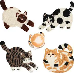 Cute Cat Coasters for Desk, Funny Woven Coaster for Decoration, Creative Gifts for Cat Lovers, Crochet Insulation Knitted Coasters for Coffee Tea Table Desktop Protection (4, Style B) Cute Cat Coasters for Desk, Funny Woven Coaster for Decoration, Creative Gifts for Cat Lovers, Crochet Insulation Knitted Coasters for Coffee Tea Table Desktop Protection (4, Style B)