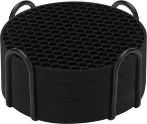 TWTLi 8-Pack Silicone Drink Coasters with Holder, Non-Slip Coaster Set for Coffee Table, Kitchen & Office, Protect Furniture from Water Rings, Heat & Spills, Black TWTLi 8-Pack Silicone Drink Coasters with Holder, Non-Slip Coaster Set for Coffee Table, Kitchen & Office, Protect Furniture from Water Rings, Heat & Spills, Black