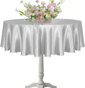 KKJIAF 1 Pack 60 Inch / 5ft Round Satin Tablecloth, Silver | Bright Silky Satin Table Cover, Wavy Edge Design, Fade-Resistant, for Wedding Buffet Parties Banquet Decoration KKJIAF 1 Pack 60 Inch / 5ft Round Satin Tablecloth, Silver | Bright Silky Satin Table Cover, Wavy Edge Design, Fade-Resistant, for Wedding Buffet Parties Banquet Decoration