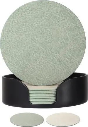 Leetaltree Reversible Leather Coasters Set of 12 with Holder, 4" Round Waterproof Heat-Resistant Non-Slip Cup Mats for Coffee Table, Bar & Dining Room Leetaltree Reversible Leather Coasters Set of 12 with Holder, 4" Round Waterproof Heat-Resistant Non-Slip Cup Mats for Coffee Table, Bar & Dining Room