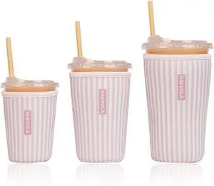 Reusable Insulated Neoprene Iced Coffee Cup Sleeve, Durable Drink Sleeve for Cold Beverages, Beverage Holder for Iced Coffee, Pink Stripes Reusable Insulated Neoprene Iced Coffee Cup Sleeve, Durable Drink Sleeve for Cold Beverages, Beverage Holder for Iced Coffee, Pink Stripes