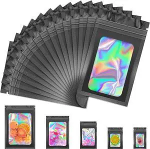 JETMORE 100 PCS Holographic Bags, Black Mylar Bags, 2.4x3.9in Candy Bags | Smell proof bag design with clear window, goodie bags organize samples, favors and daily orders for neat storage and packing JETMORE 100 PCS Holographic Bags, Black Mylar Bags, 2.4x3.9in Candy Bags | Smell proof bag design with clear window, goodie bags organize samples, favors and daily orders for neat storage and packing