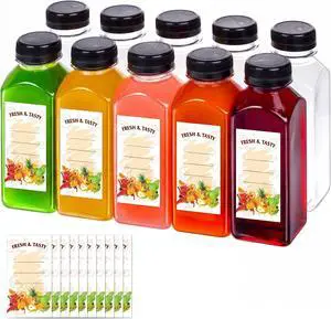 BAKHUK 10pcs 12oz Empty Plastic Juice Bottles with Caps, Sticker Labels | Plastic Water Bottles with Lids, Reusable Clear Bulk Beverage Containers for Juice, Milk and Other Beverages BAKHUK 10pcs 12oz Empty Plastic Juice Bottles with Caps, Sticker Labels | Plastic Water Bottles with Lids, Reusable Clear Bulk Beverage Containers for Juice, Milk and Other Beverages