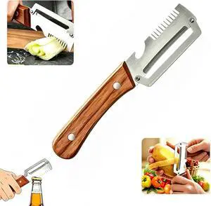 3-in-1 Multifunctional Vegetable Peeler with wooden grip, integrated grater and bottle opener. Practical kitchen tool for peeling, grating and opening bottles, perfect for fruits & vegetables. (1 PCS) 3-in-1 Multifunctional Vegetable Peeler with wooden grip, integrated grater and bottle opener. Practical kitchen tool for peeling, grating and opening bottles, perfect for fruits & vegetables. (1 PCS)