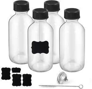 2oz 4-pack Small Clear Glass Bottles with Lids, Travel Bottle for Liquids | 60ml Leak-Proof Reusable Boston Bottle 1 Funnel, 4 Labels, 1 Brush for Juice, Ginger Shot, Wellness, Oils, Whiskey 2oz 4-pack Small Clear Glass Bottles with Lids, Travel Bottle for Liquids | 60ml Leak-Proof Reusable Boston Bottle 1 Funnel, 4 Labels, 1 Brush for Juice, Ginger Shot, Wellness, Oils, Whiskey
