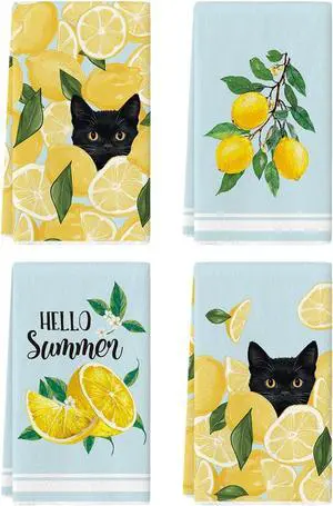 Artoid Mode Lemons Leaves Black Cat Hello Summer Kitchen Towels Dish Towels, 18x26 Inch Farmhouse Spring Decoration Cleaning Set of 4 Artoid Mode Lemons Leaves Black Cat Hello Summer Kitchen Towels Dish Towels, 18x26 Inch Farmhouse Spring Decoration Cleaning Set of 4
