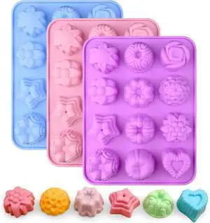 Sakolla 3 Pack Flower Molds Silicone, 12 Cavities Different Shapes Silicone Molds for Chocolate, Cupcake, Candy, Jelly, Ice Cube, Muffin (Pink, Purple, Blue) Sakolla 3 Pack Flower Molds Silicone, 12 Cavities Different Shapes Silicone Molds for Chocolate, Cupcake, Candy, Jelly, Ice Cube, Muffin (Pink, Purple, Blue)