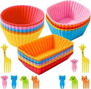 60 Pcs Silicone Lunch Box Dividers - Bento Box Accessories, Silicone Cupcake Liners Reusable Muffin Cups for Baking with Animal Food Picks (30 Cupcake Cups + 30 Picks) 60 Pcs Silicone Lunch Box Dividers - Bento Box Accessories, Silicone Cupcake Liners Reusable Muffin Cups for Baking with Animal Food Picks (30 Cupcake Cups + 30 Picks)