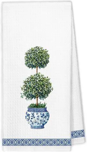 Blue and White Chinoiserie Topiary Trees Kitchen Towels, Green Plant Porcelain Dish Hand Tea Towels, Preppy Botanical Grandmillennial Home Decor Towel for Bathroom Kitchen Decor, 16x24 Inch Blue and White Chinoiserie Topiary Trees Kitchen Towels, Green Plant Porcelain Dish Hand Tea Towels, Preppy Botanical Grandmillennial Home Decor Towel for Bathroom Kitchen Decor, 16x24 Inch