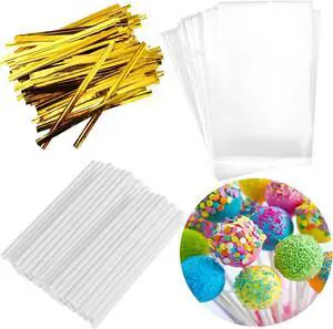 300PCS Lollipop Cake Pop Treat Bag Set Including 100pcs Parcel Bags, Papery Treat Sticks, Gold Metallic Twist Ties for Making Candies, Chocolates and Cookies 300PCS Lollipop Cake Pop Treat Bag Set Including 100pcs Parcel Bags, Papery Treat Sticks, Gold Metallic Twist Ties for Making Candies, Chocolates and Cookies