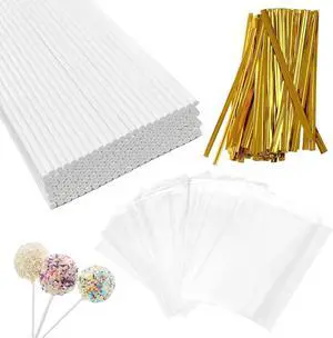4-inch White Lollipop Sticks and Bags Set, 100Pcs Paper Candy Sticks,100Pcs Clear Bags, 100Pcs Twist Ties for Hard Candy, Chocolate, Cookie, Dessert (Gold) 4-inch White Lollipop Sticks and Bags Set, 100Pcs Paper Candy Sticks,100Pcs Clear Bags, 100Pcs Twist Ties for Hard Candy, Chocolate, Cookie, Dessert (Gold)
