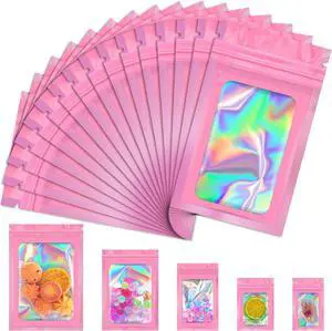 JETMORE Holographic Bags, 100 PCS Mylar Bags, Pink Candy Bags, 2.4x3.9in | Smell proof bag design with clear window, freshie bags suit products, samples and party favors for daily packing and display JETMORE Holographic Bags, 100 PCS Mylar Bags, Pink Candy Bags, 2.4x3.9in | Smell proof bag design with clear window, freshie bags suit products, samples and party favors for daily packing and display