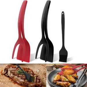 2pcs Egg Flipper Spatulas with Silicone Brush, 2 in 1 Grip and Flip Spatula Tongs Egg Flipper Home Kitchen Cooking Tool(Black+red) 2pcs Egg Flipper Spatulas with Silicone Brush, 2 in 1 Grip and Flip Spatula Tongs Egg Flipper Home Kitchen Cooking Tool(Black+red)