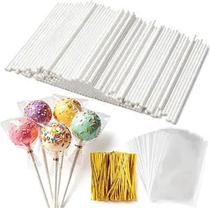 300Pcs Lollipop Sticks and Wrappers Kit, 100Pcs 6IN Cake Pop Stick, 100pcs Clear Candy Treat Bags Parcel, 100pcs Gold Twist Ties for Lollipops, Candies, Chocolates Cookies 300Pcs Lollipop Sticks and Wrappers Kit, 100Pcs 6IN Cake Pop Stick, 100pcs Clear Candy Treat Bags Parcel, 100pcs Gold Twist Ties for Lollipops, Candies, Chocolates Cookies