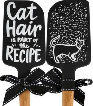 Primitives by Kathy double-sided silicone novelty cooking spatula hand illustrated/black/white design/cat haking cat hair on back/fun cat inspired sentiment on front/"Cat Hair Is Part Of The Recipe." Primitives by Kathy double-sided silicone novelty cooking spatula hand illustrated/black/white design/cat haking cat hair on back/fun cat inspired sentiment on front/"Cat Hair Is Part Of The Recipe."