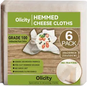 Olicity Cheese Cloths, 6Pack, 20x20Inch Hemmed Cheese Cloth Fabric Reusable | 100% Cotton Unbleached Precut Fine Mesh Cloth Grade 100 Muslin Cheesecloth for Straining, Cooking, Yogurt, Juicing Olicity Cheese Cloths, 6Pack, 20x20Inch Hemmed Cheese Cloth Fabric Reusable | 100% Cotton Unbleached Precut Fine Mesh Cloth Grade 100 Muslin Cheesecloth for Straining, Cooking, Yogurt, Juicing