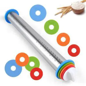 Adjustable Rolling Pin with 4 Thickness Rings for Baking, Cake Pop Roller | 17 Inch, Stainless Steel, with Measurement Markings, for Pizza/ Fondant/ Pie/ Cookies/ Baking Supplies / Pastry/ Pasta Adjustable Rolling Pin with 4 Thickness Rings for Baking, Cake Pop Roller | 17 Inch, Stainless Steel, with Measurement Markings, for Pizza/ Fondant/ Pie/ Cookies/ Baking Supplies / Pastry/ Pasta