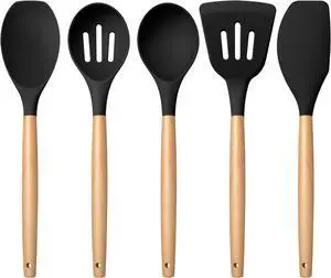 E-far Silicone Cooking Utensils Set with Heat Resistant Wood Handle, 5PCS | Non-toxic & Healthy Kitchen Utensils Set for Cooking, Kitchen Nonstick Spatula Ladle Tools for Nonstick Cookware, Black E-far Silicone Cooking Utensils Set with Heat Resistant Wood Handle, 5PCS | Non-toxic & Healthy Kitchen Utensils Set for Cooking, Kitchen Nonstick Spatula Ladle Tools for Nonstick Cookware, Black