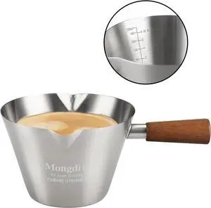 Mongdio Espresso Measuring Cup, Stainless Steel Espresso Shot Cups with Wooden Handle and Double Spouts, 6.8OZ/200ML, Silver Mongdio Espresso Measuring Cup, Stainless Steel Espresso Shot Cups with Wooden Handle and Double Spouts, 6.8OZ/200ML, Silver