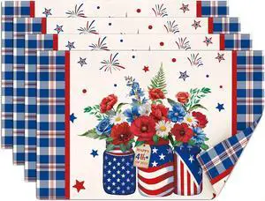 comfoyar Patriotic 4th of July Memorial Day Placemats Set of 4, 12x18 Inch Non-Slip Linen Independence Day Place Mats, Washable Absorbent Plaid Flower Table Mats for Dining Party Table Decoration comfoyar Patriotic 4th of July Memorial Day Placemats Set of 4, 12x18 Inch Non-Slip Linen Independence Day Place Mats, Washable Absorbent Plaid Flower Table Mats for Dining Party Table Decoration