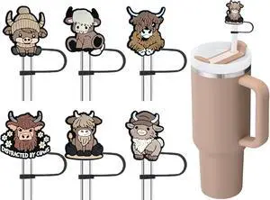 Highland Cow Straw Toppers for Stanley Cup - fit 30 40 Oz Tumblers | 6PCs Fluffy Cow Silicone Straw Covers Almond Rose 10mm Straws Accessories Caps Gifts for Highland Cow Lovers Women Girls Highland Cow Straw Toppers for Stanley Cup - fit 30 40 Oz Tumblers | 6PCs Fluffy Cow Silicone Straw Covers Almond Rose 10mm Straws Accessories Caps Gifts for Highland Cow Lovers Women Girls