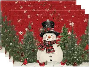 Artoid Mode Snowman Cardinals Trees Christmas Placemats for Dining Table, 12 x 18 Inch Seasonal Winter Birds Xmas Holiday Rustic Vintage Thanksgiving Washable Table Mats Set of 4 Artoid Mode Snowman Cardinals Trees Christmas Placemats for Dining Table, 12 x 18 Inch Seasonal Winter Birds Xmas Holiday Rustic Vintage Thanksgiving Washable Table Mats Set of 4