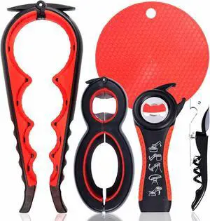 Jar Opener Bottle Opener for Weak hands 5 Pack, Multi Kitchen Tools Set for Weak Hands, Children, Seniors with Arthritis, Lid Opener for Children, with Silicone Handle (Red) Jar Opener Bottle Opener for Weak hands 5 Pack, Multi Kitchen Tools Set for Weak Hands, Children, Seniors with Arthritis, Lid Opener for Children, with Silicone Handle (Red)