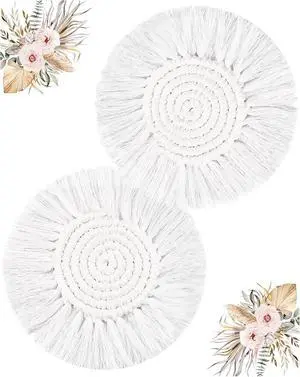 2 PCS Boho Coasters for Drinks Absorbent, Macrame Cotton Coasters for Wooden Table Round Drink Coaster Set with Tassels Housewarming Gift Bar Coffee Table Office Desk Décor 2 PCS Boho Coasters for Drinks Absorbent, Macrame Cotton Coasters for Wooden Table Round Drink Coaster Set with Tassels Housewarming Gift Bar Coffee Table Office Desk Décor
