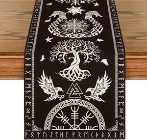 Artoid Mode Black Viking Tree of Life Raven Helmet of Awe Table Runner, Seasonal Kitchen Dining Table Decoration for Home Party Decor 13x72 Inch Artoid Mode Black Viking Tree of Life Raven Helmet of Awe Table Runner, Seasonal Kitchen Dining Table Decoration for Home Party Decor 13x72 Inch