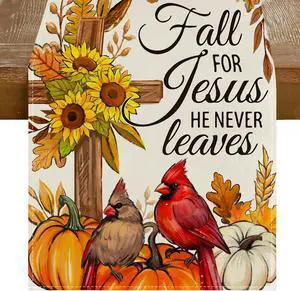RABUSOFA Fall Table Runner 13x72 Inch Pumpkins Fall Decor for Home | Sunflower Cross Cardinal,Fall for Jesus He Never Leaves Quote,Autumn Kitchen Dining Table Holiday Decorations for Party RABUSOFA Fall Table Runner 13x72 Inch Pumpkins Fall Decor for Home | Sunflower Cross Cardinal,Fall for Jesus He Never Leaves Quote,Autumn Kitchen Dining Table Holiday Decorations for Party