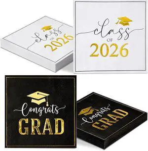 Class of 2026 Graduation Napkins, Black White Gold, 3-Ply, 50 Pack, 5x5 in. | 2 designs, grad cocktail napkins for high school, college grad party, beverages, table decor, graduation decorations Class of 2026 Graduation Napkins, Black White Gold, 3-Ply, 50 Pack, 5x5 in. | 2 designs, grad cocktail napkins for high school, college grad party, beverages, table decor, graduation decorations