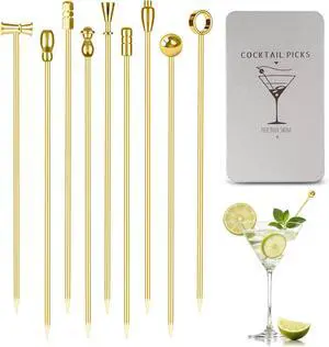 Metal Cocktail Martini Picks Gold, 4.1 in Olive Skewers Stainless Steel, Martini Garnish Sticks Reusable, Metal Toothpicks for Drinks, Appetizers, Cheese, Gift for Father Bar Accessories - 9 Pcs Metal Cocktail Martini Picks Gold, 4.1 in Olive Skewers Stainless Steel, Martini Garnish Sticks Reusable, Metal Toothpicks for Drinks, Appetizers, Cheese, Gift for Father Bar Accessories - 9 Pcs